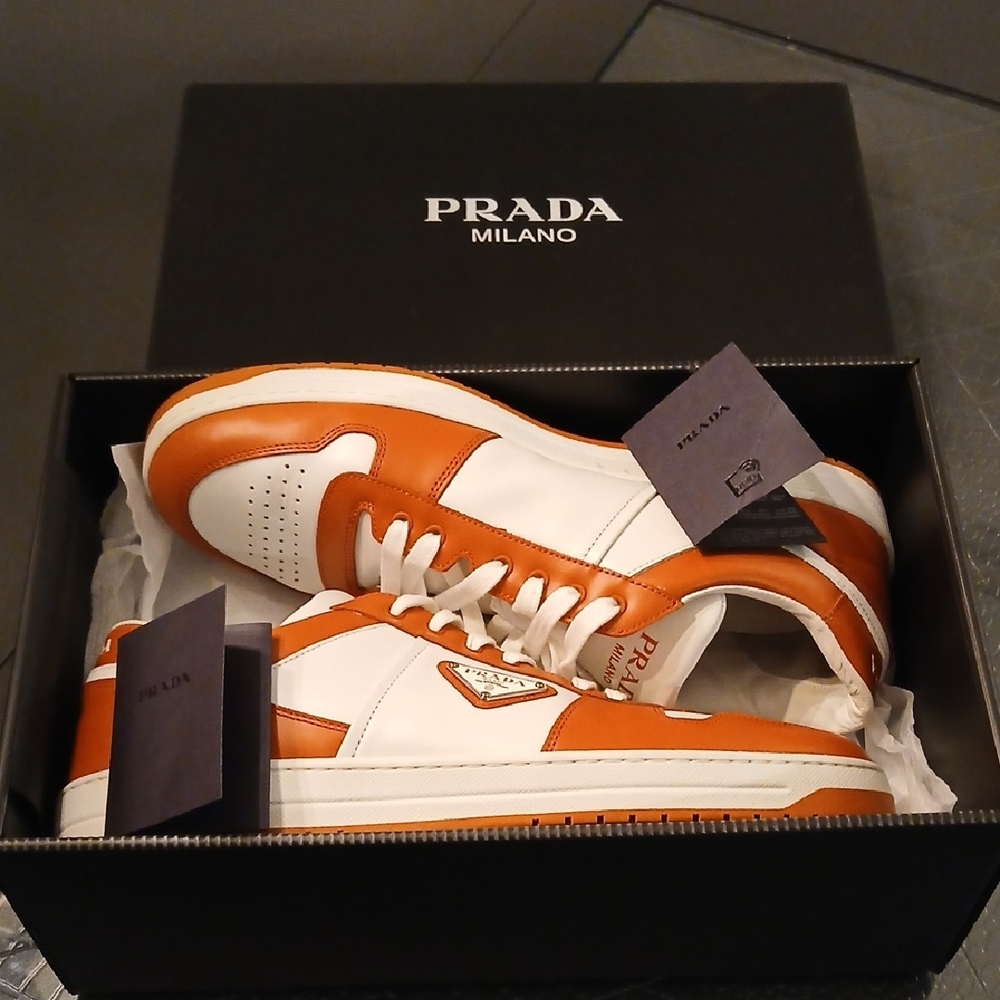 Prada Men's Downtown Low Top White and Orange Sneakers - Picture 14 of 14